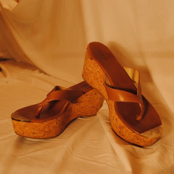 JIMMY CHOO WOMENS SZ 9 1/2 BROWN PLATFORM CORK SANDLE WEDGES - Picture 1 of 11